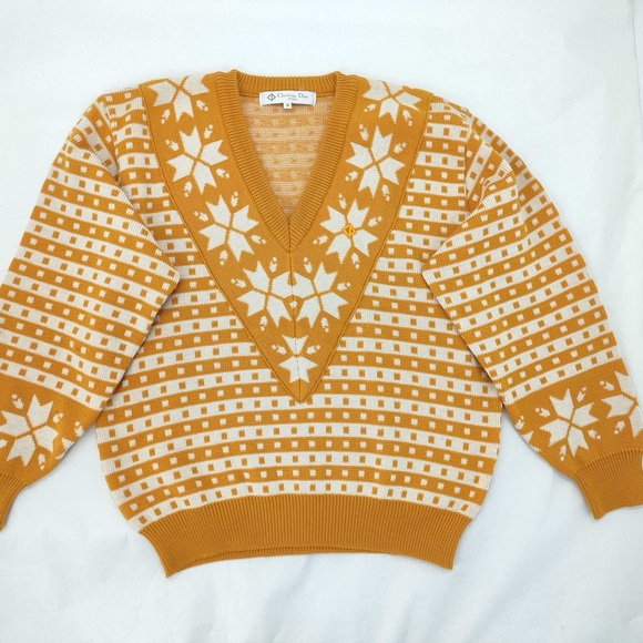 Dior Sweaters - Dior Women's Mustard and Cream V-Neck Fair Isle Sweater